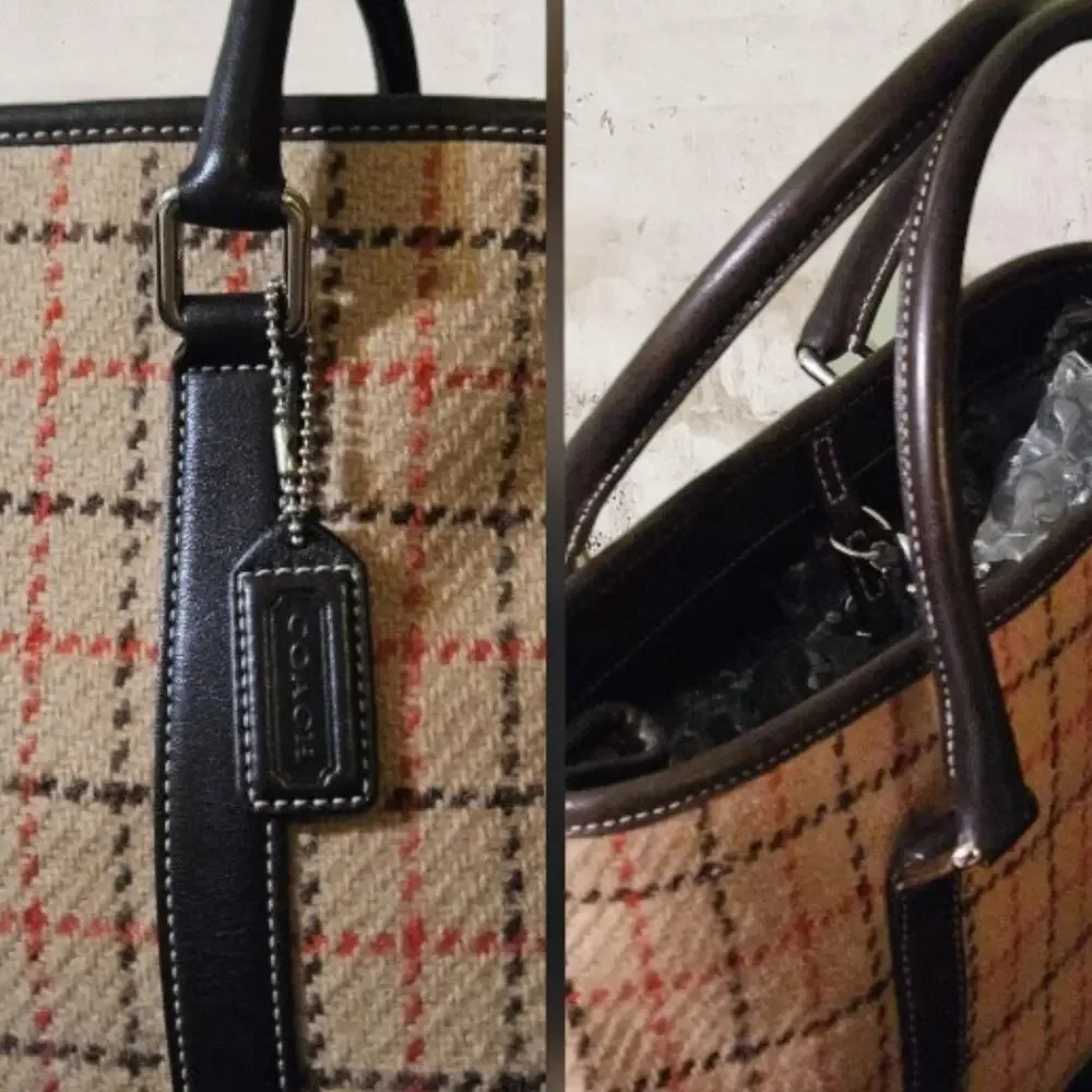 COACH Hampton Wool Plaid Satchel with Brown Leather Trim & Wristlet